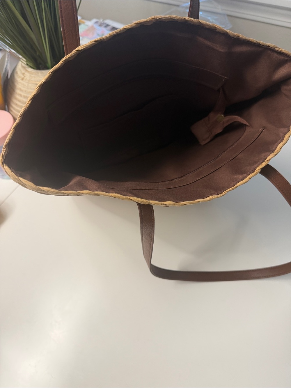 Natural Woven Tote with Brown Leather Handles - Picture 2 of 5